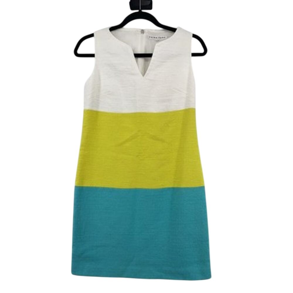 Trina Turk Colorblock Shift Dress Textured White Yellow Blue Womens 4 Chic